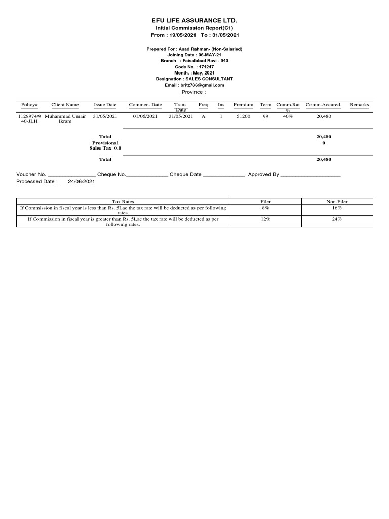 Efu Life Assurance LTD. Total 20,480 Provisional Sales Tax 0.0 0 PDF Personal Finance