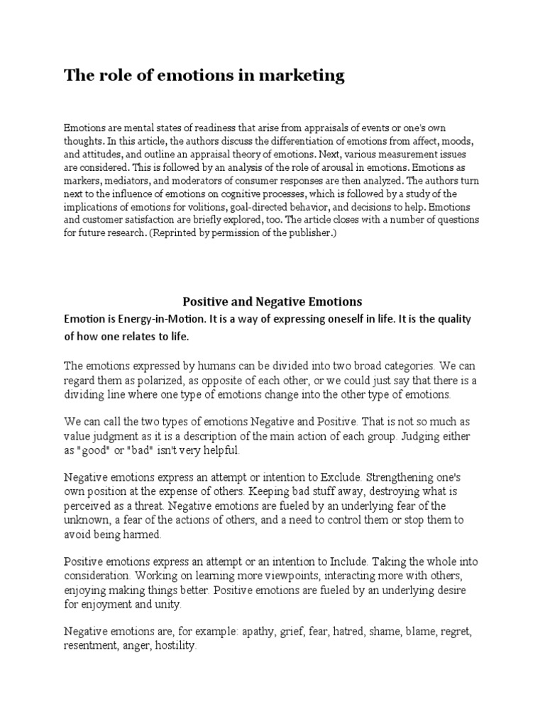 The Role of Emotions in Marketing: Positive and Negative Emotions | PDF ...