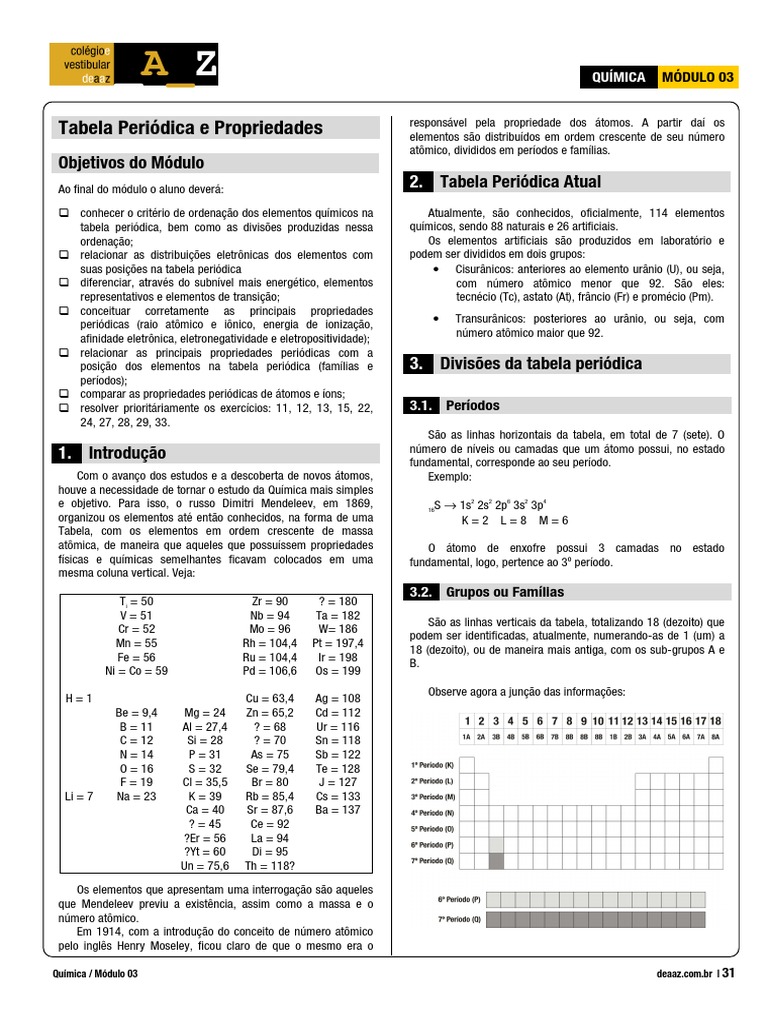 Mód 3 - Tabela Periódica e Propriedades, PDF, Tabela periódica
