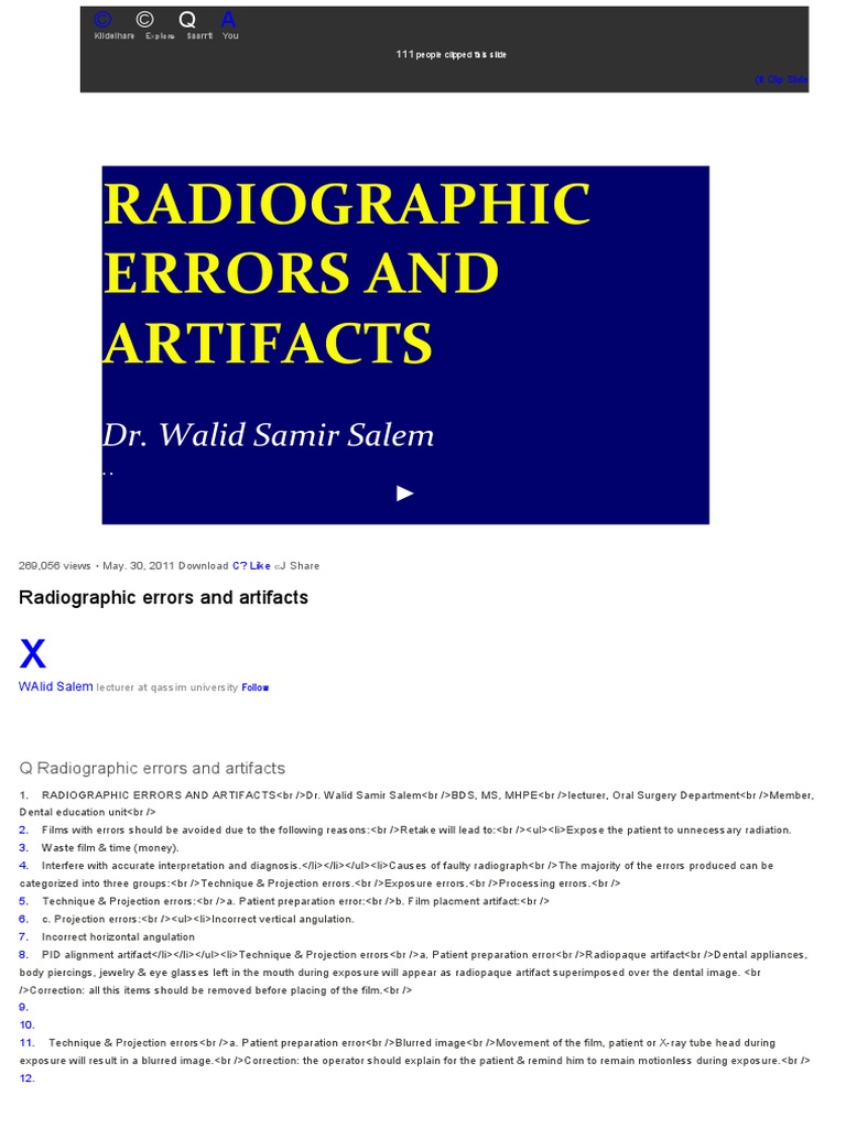 Radiographic Errors and Artifacts PDF Radiography X Ray