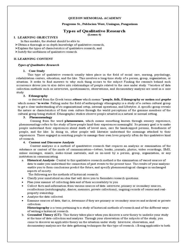 Types of Qualitative Research | PDF | Ethnography | Qualitative Research