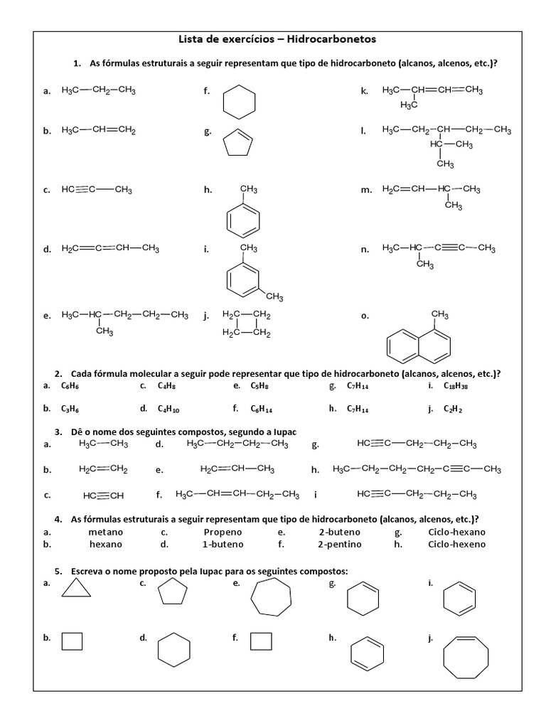 Aula 1 - Hidrocarboneto - Lista de Exercícios - Final | PDF | Alcano ...