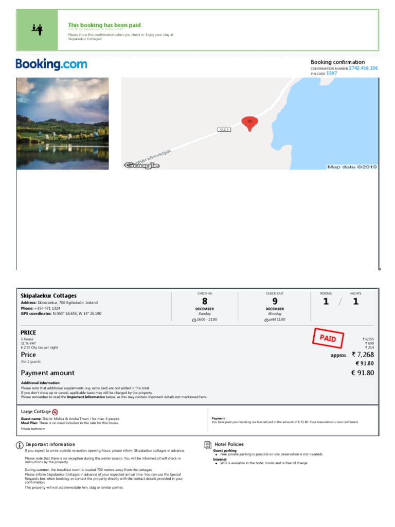 Paid booking confirmation for Skipalaekur Cottages | PDF | Business ...