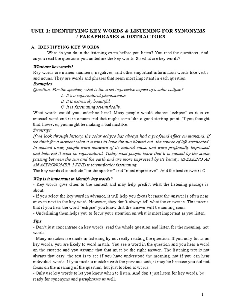 Unit 1 Identifying Key Words & Listening For Synonyms / Paraphrases