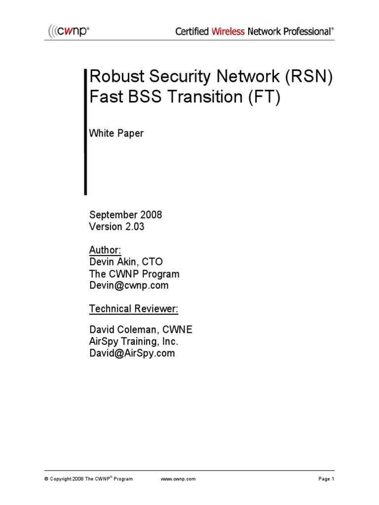 Robust Security Network (RSN) Fast BSS Transition (FT) White Paper