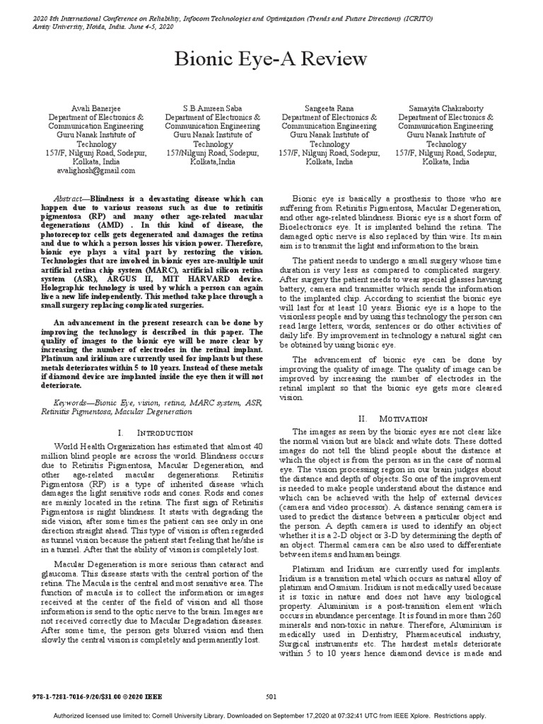 Bionic Eye IEEE Paper PDF Retina Human Eye