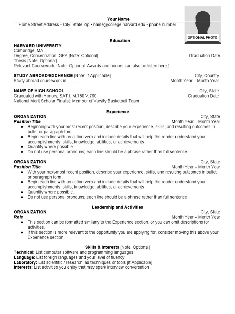 harvard high school resume template