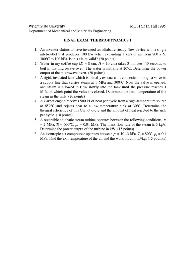 Final Exam, Thermodynamics I | PDF
