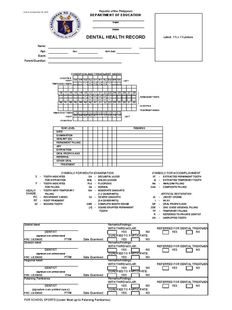 Dental Health Record Department of Education PDF Dentist Tooth