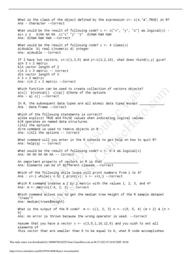 R Basics Assessment Questions and Answers | PDF | Computer Programming ...