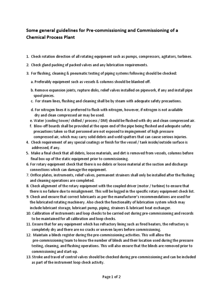 Pre-Commissioning Guidelines for Chemical Plants | PDF | Pipe (Fluid ...