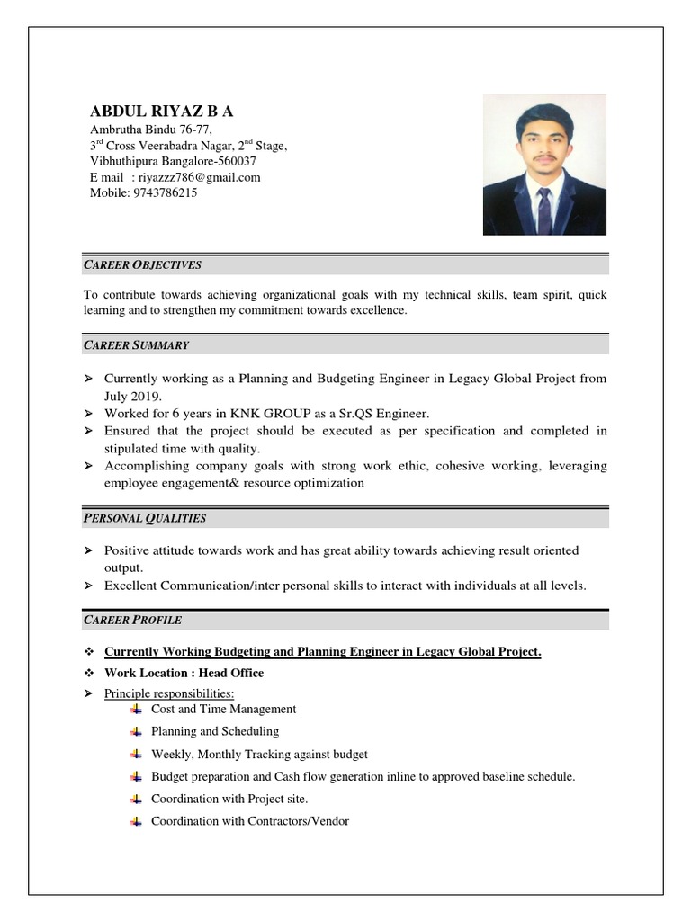 Abdul Riyaz: Planning Engineer Profile | PDF | Quality Assurance ...