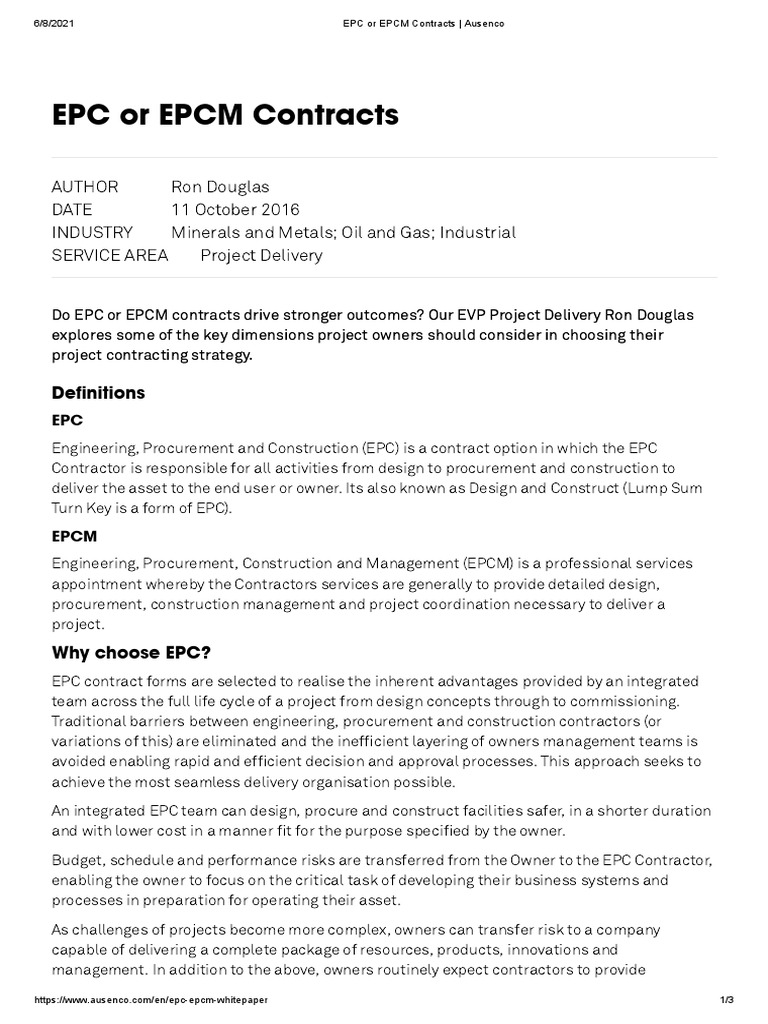 EPC or EPCM Contracts - Ausenco | PDF | Procurement | Risk