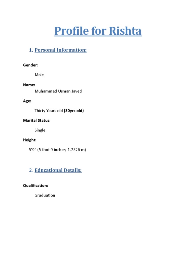 Profile For Rishta: 1. Personal Information | PDF