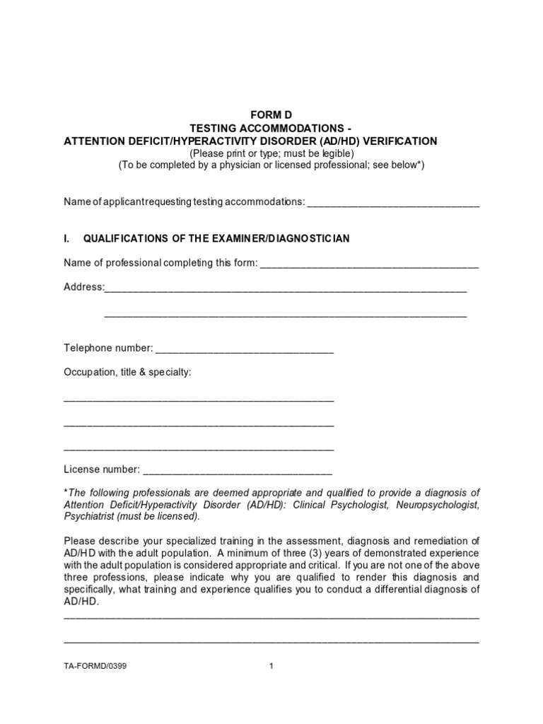 AD/HD Testing Accommodations Form | PDF | Attention Deficit ...