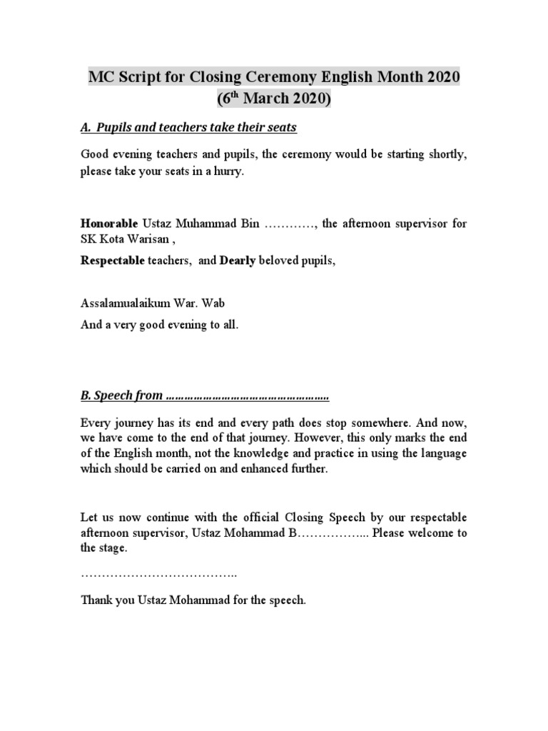 Closing Ceremony Script for English Month | PDF