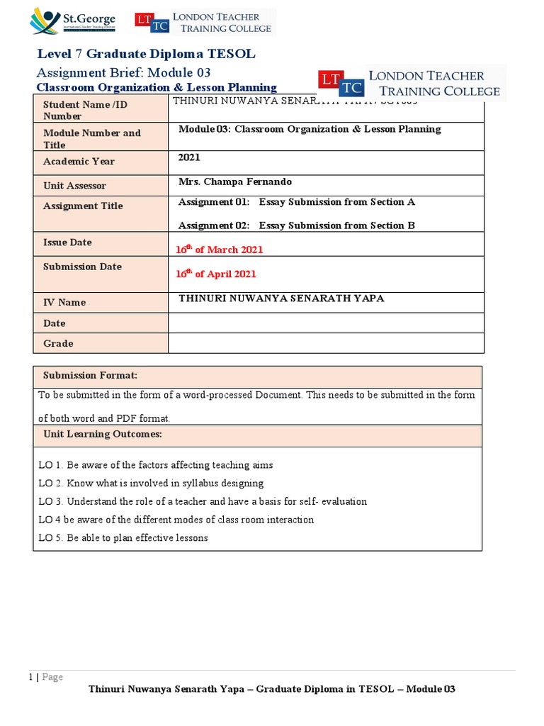 Classroom Organization in TESOL Module | PDF | English As A Second Or ...