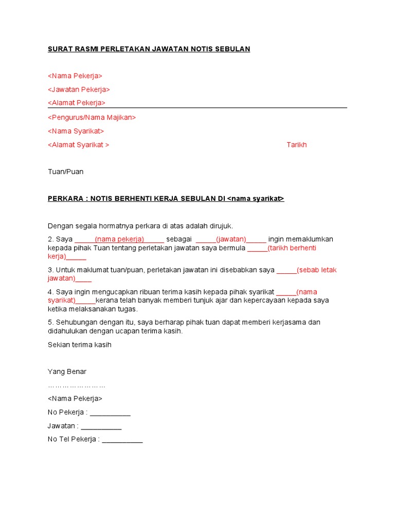 Contoh Surat Resign Sebulan Pdf