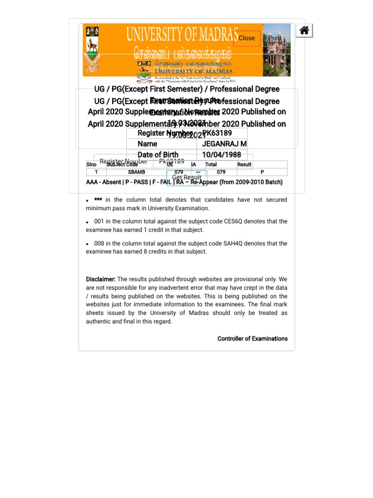 Madras University Exam Results Overview | PDF
