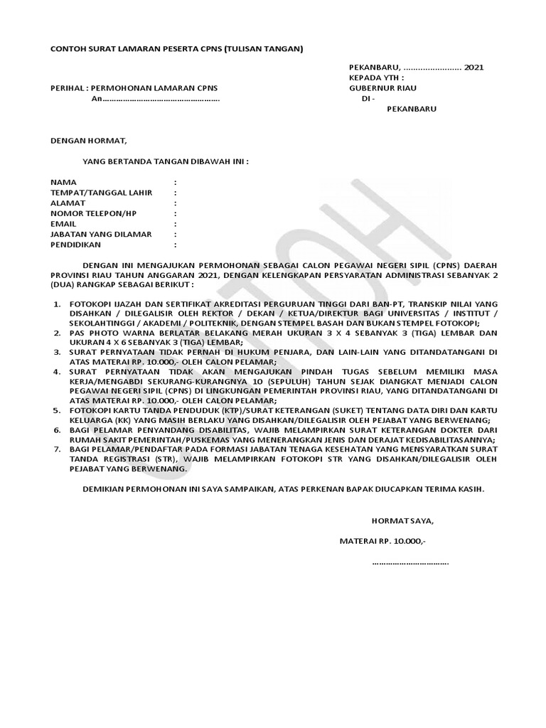 2 Format Surat Lamaran Cpns 2021