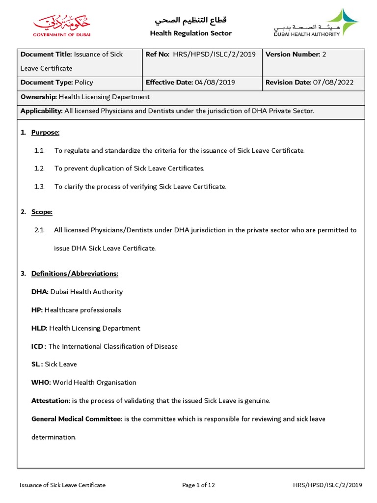 Issuance of Sick Leave Certificate Policy Final UAE PDF Physician