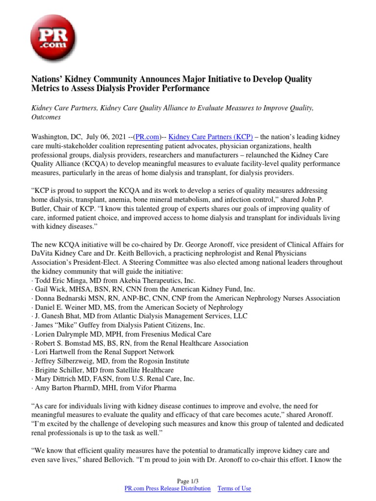 Nations' Kidney Community Announces Major Initiative To Develop Quality