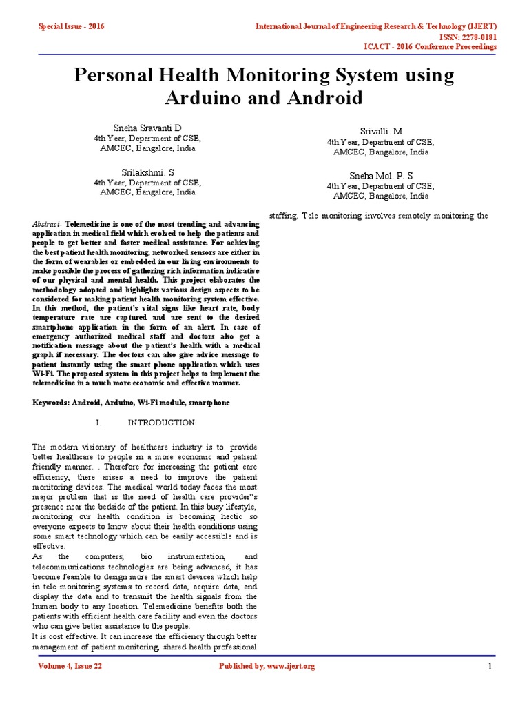 Personal Health Monitoring System Using Arduino and Android: Sneha ...