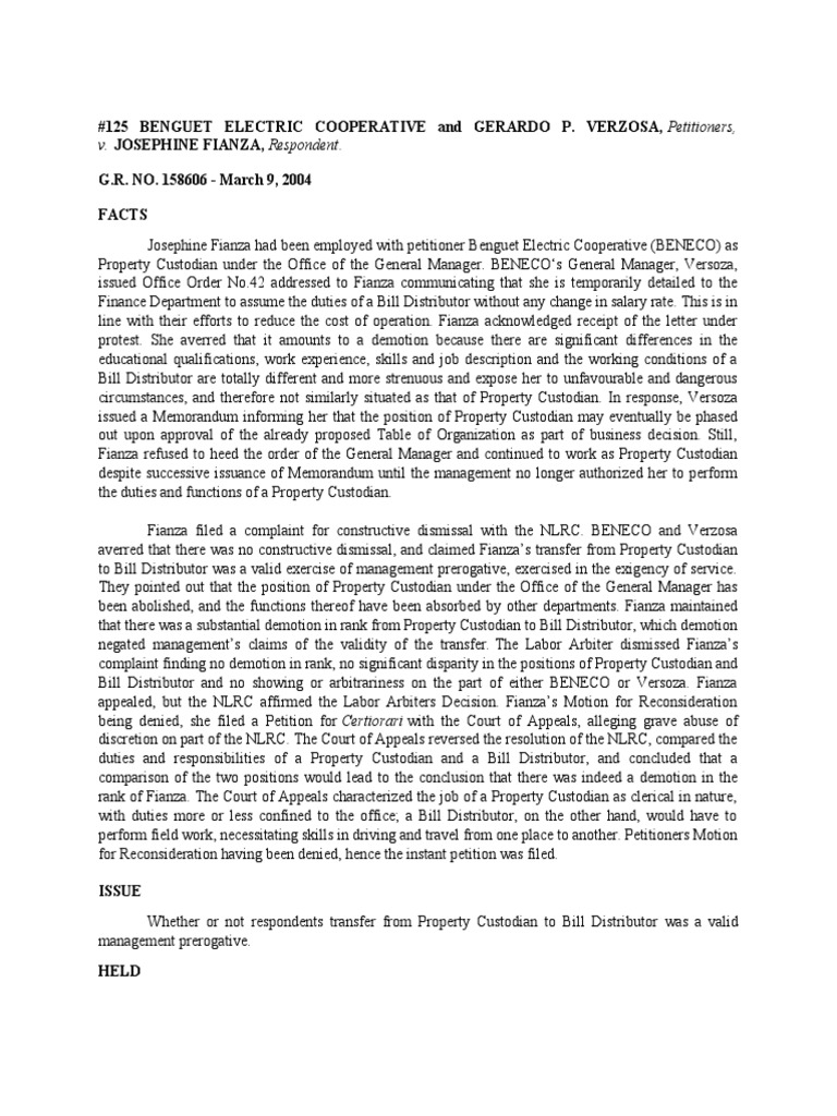 BENGUET ELECTRIC COOPERATIVE v. FIANZA | PDF | Appeal | Employment