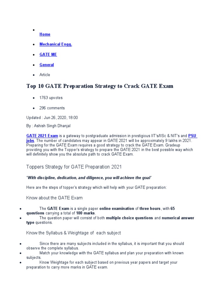 Top 10 GATE Preparation Strategy To Crack GATE Exam: Home Mechanical ...