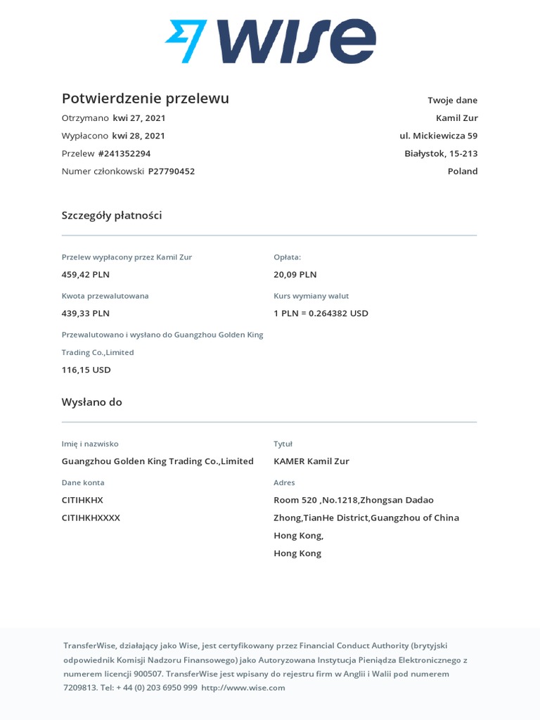 Potwierdzenie Przelewu: Szczegóły Płatności | PDF