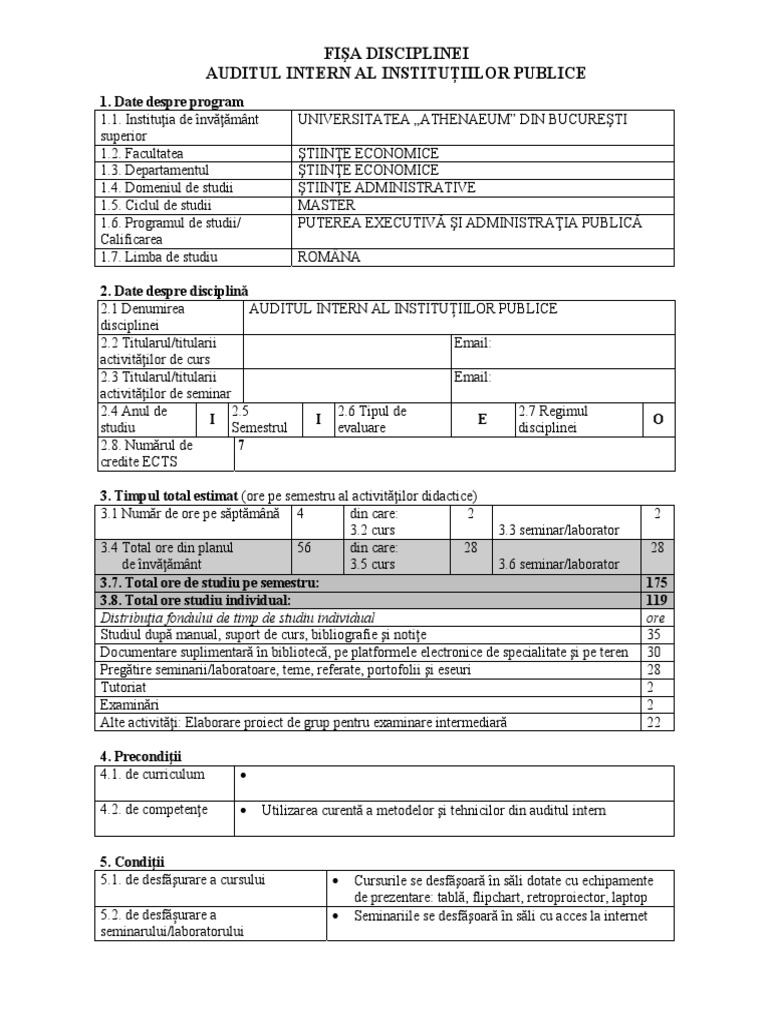 4.fisa Disciplinei - Audit - Intern - Instit - Publ | PDF