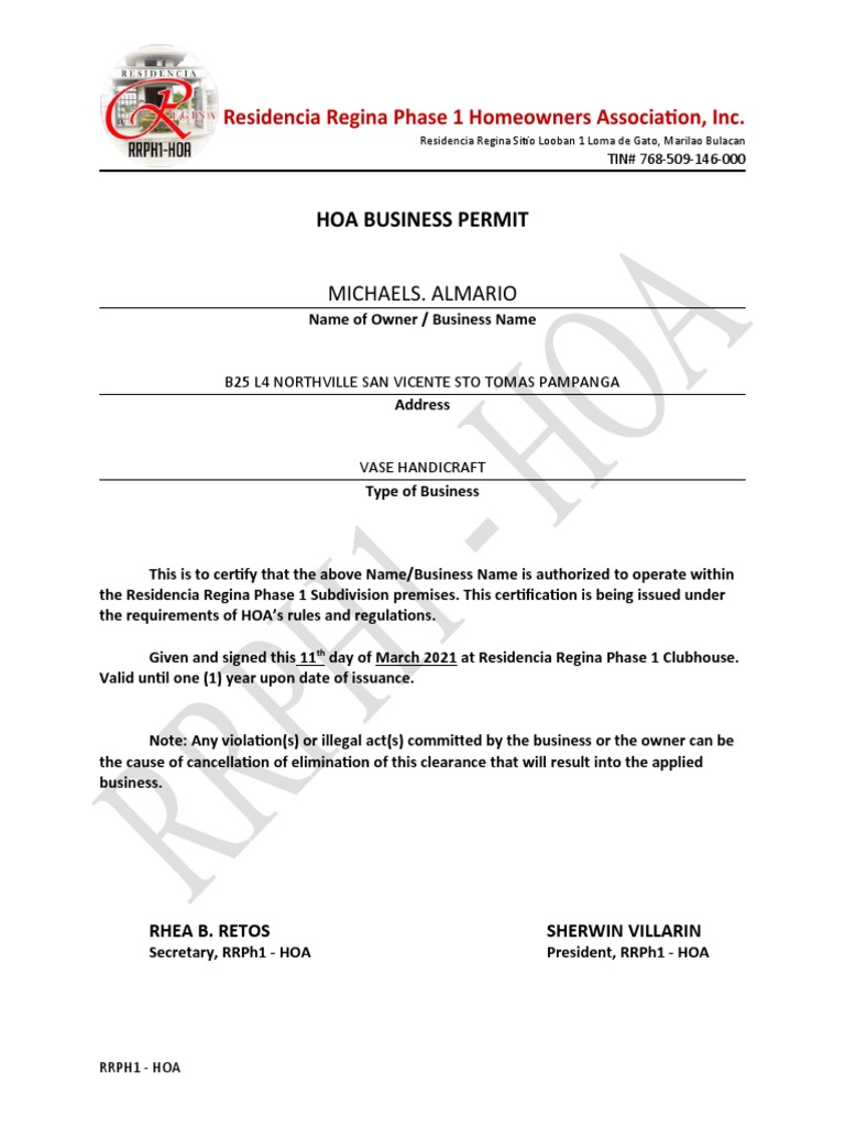 Residencia Regina Phase 1 Homeowners Association, Inc. Hoa Business