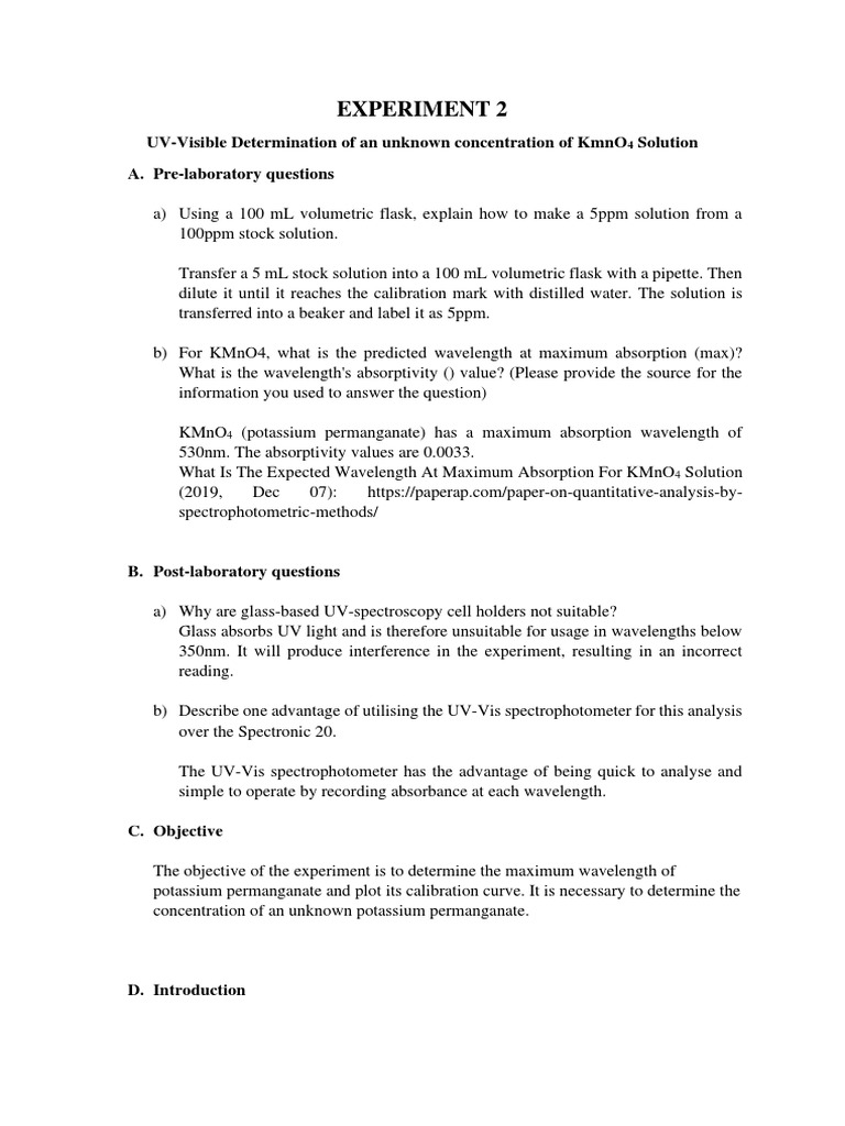 Determination of the Maximum Absorption Wavelength and Concentration of an Unknown Potassium