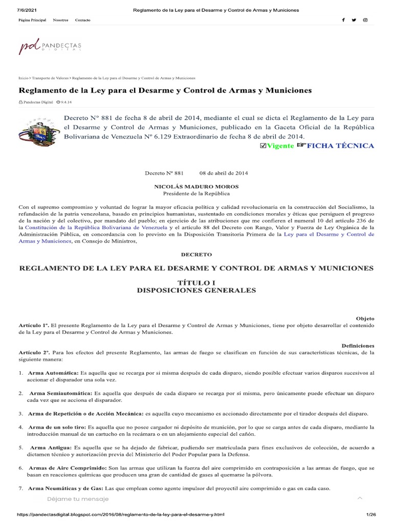 Reglamento de La Ley para El Desarme y Control de Armas y Municiones PDF