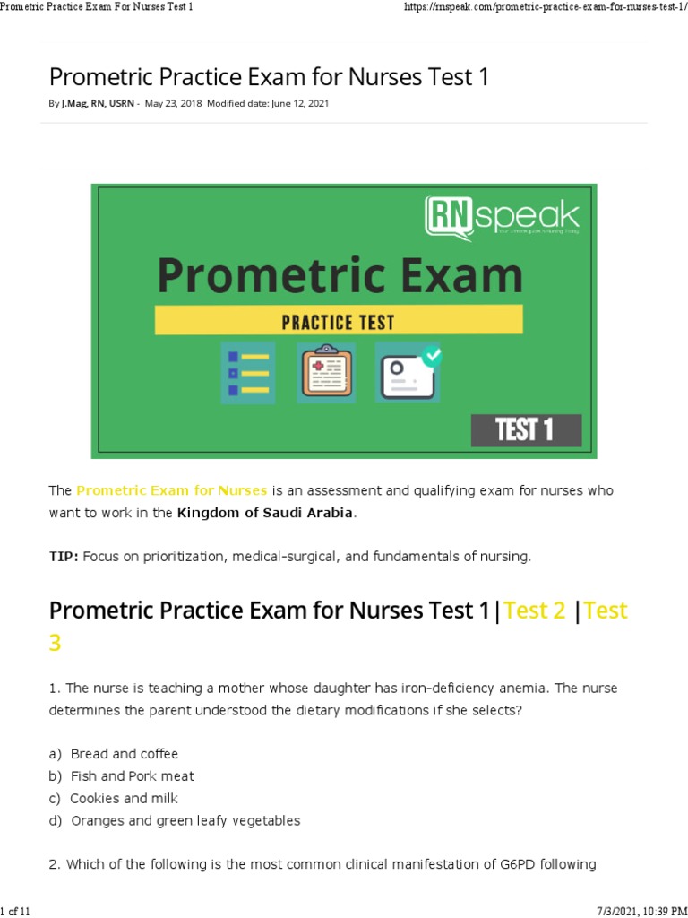 Prometric Nursing Exam Practice Test 1 | PDF | Injection (Medicine ...