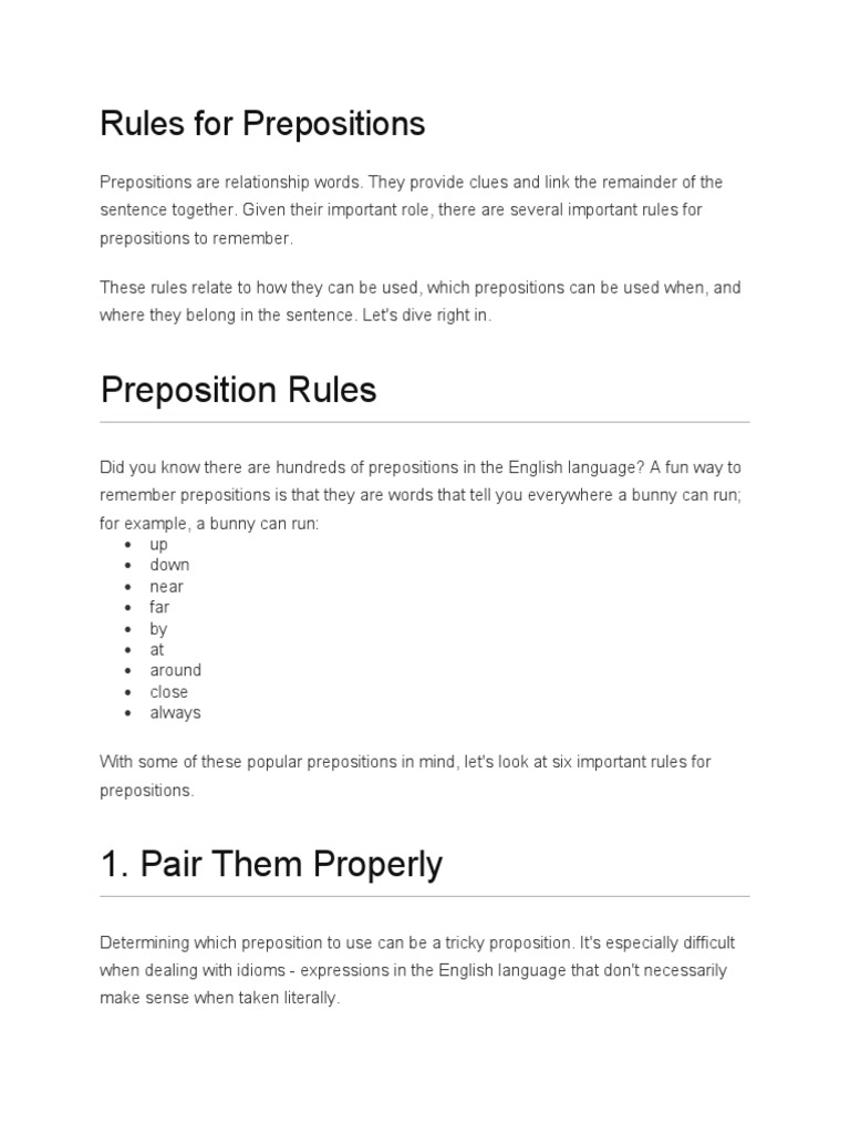 Rules For Prepositions | PDF | Preposition And Postposition | Verb