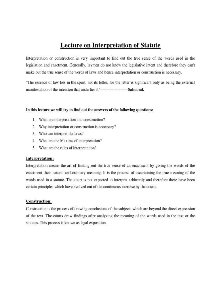 Lecture On Interpretation of Statute in This Lecture We Will Try To