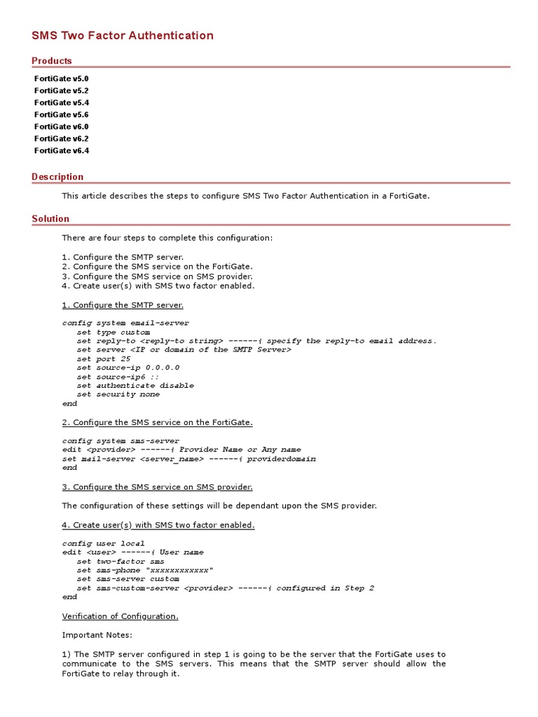 FortiGate SMS Two-Factor Authentication Setup | PDF | Computers