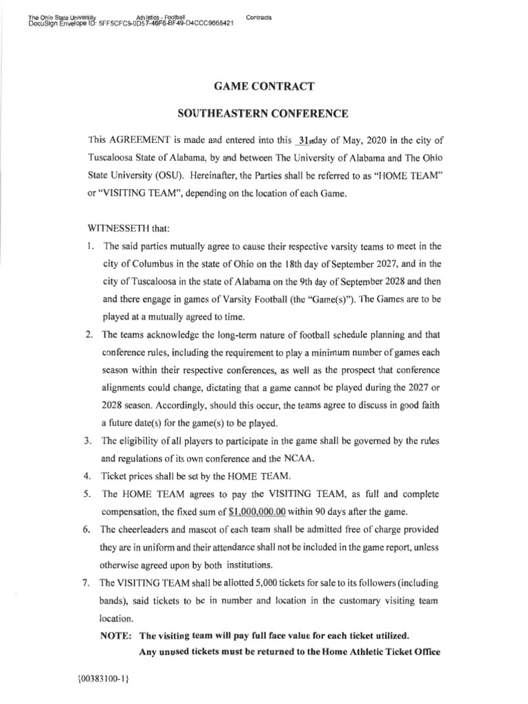 Alabama - Game Contract (2027, 2028) | PDF