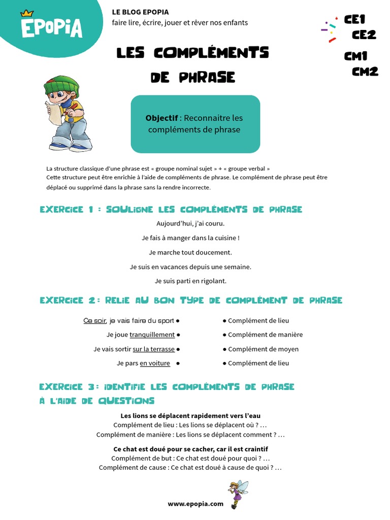 Les Compléments Ce2 Exercices Pdf Complements Phrase CE1 CE2 CM1 CM2 | PDF | Linguistique | Syntaxe