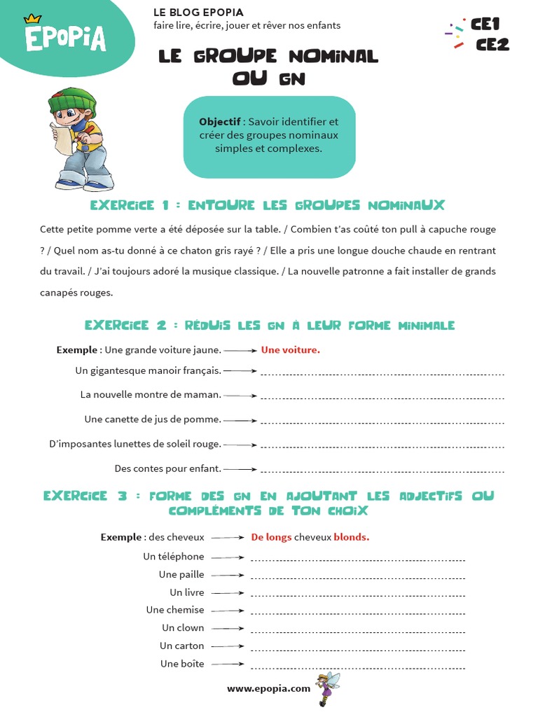 Groupe Nominal Ce2 Exercice Et Correction Pdf Groupe Nominal CE1 CE2 | PDF