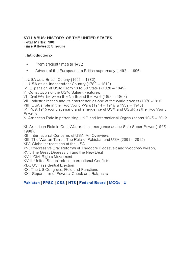 US History Syllabus for CSS Exam | PDF | Politics
