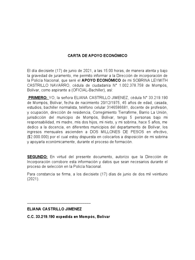 Carta de Apoyo Económico Familiar | PDF | Derecho