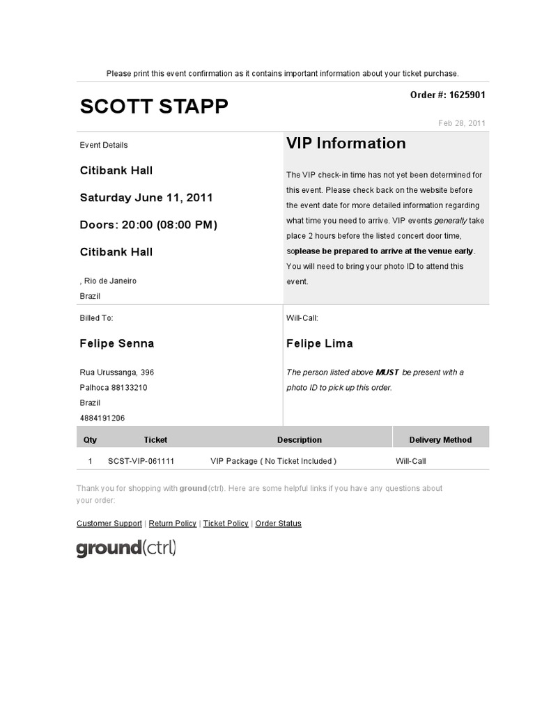 Scott Stapp VIP Event Confirmation | PDF | Banking | Business