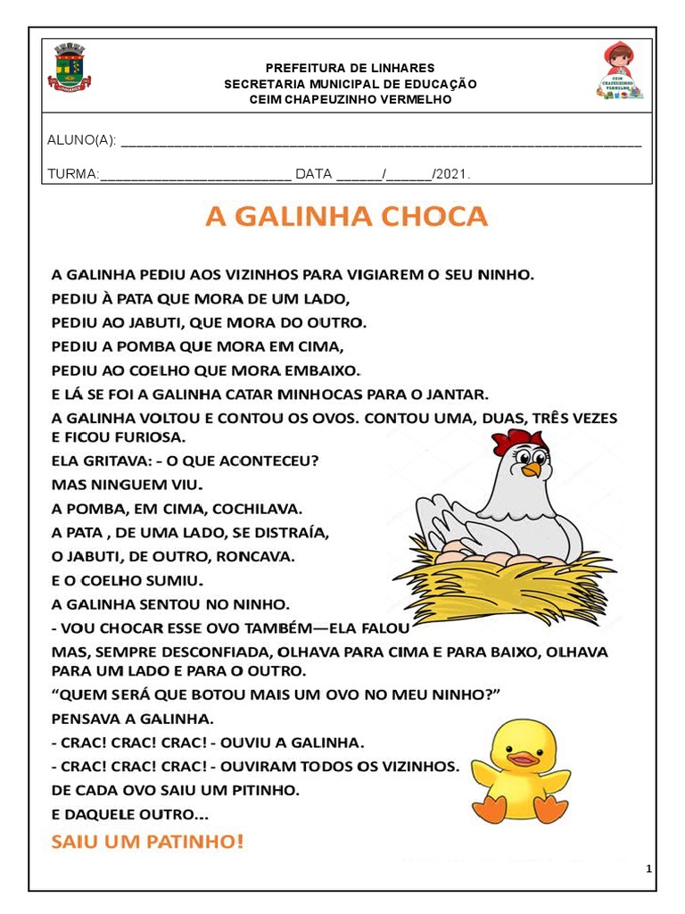 Atividade sobre a história da galinha choca para alunos do CEIM ...