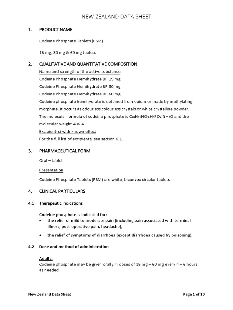 NZ Data Sheet of Codeine Phospate PDF Opioid Naloxone