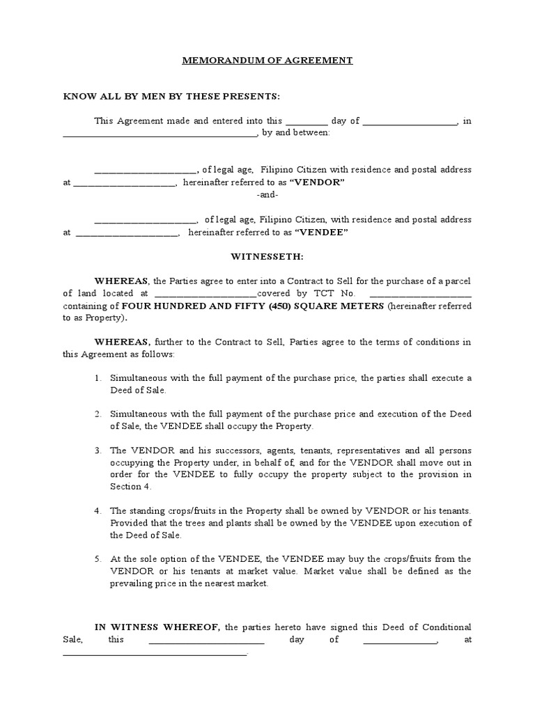Memo of Agreement With Contract of Sale PDF Deed Leasehold Estate