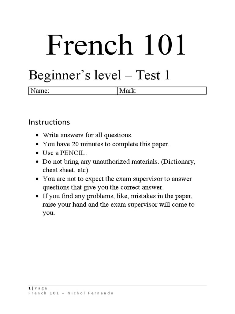 Test de français 101 pour débutants | PDF