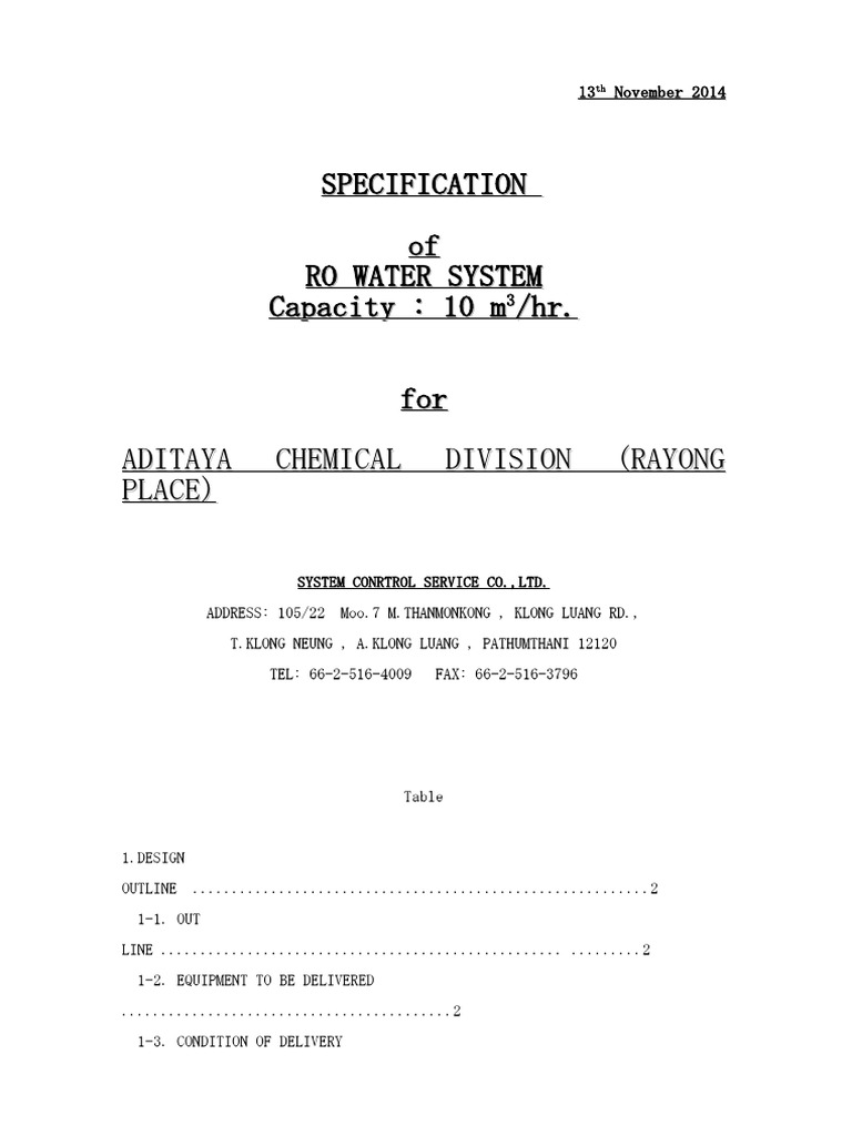 RO Water System Specification Document | PDF | Magnesium | Switch