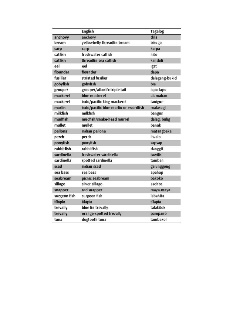 Filipino Fish Names and Translations | PDF